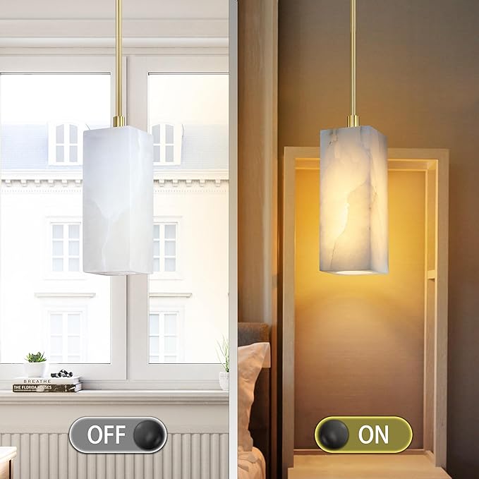 1 Light Modern Industrial Farmhouse Hanging Kitchen Island Pendant Ceiling Light Fixture,Square Cylinder Natural Alabaster Marble Brushed Bronze Finish Over Sink Restaurant bar Corridor