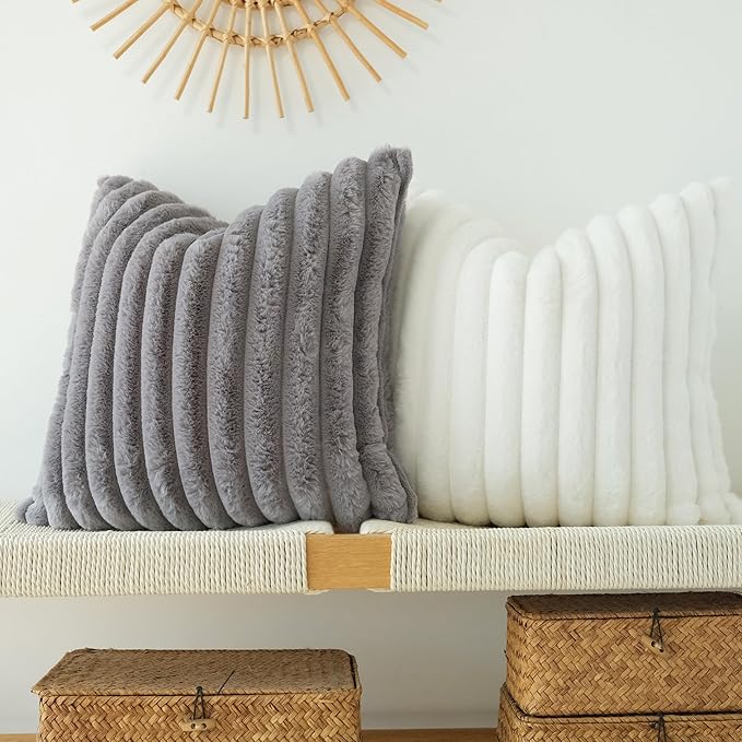 JOJUSIS Pack of 2 Faux Fur Plush Decorative Throw Pillow Covers Couch Cushion Case Soft Pillowcases (Grey, 24 x 24-Inch)