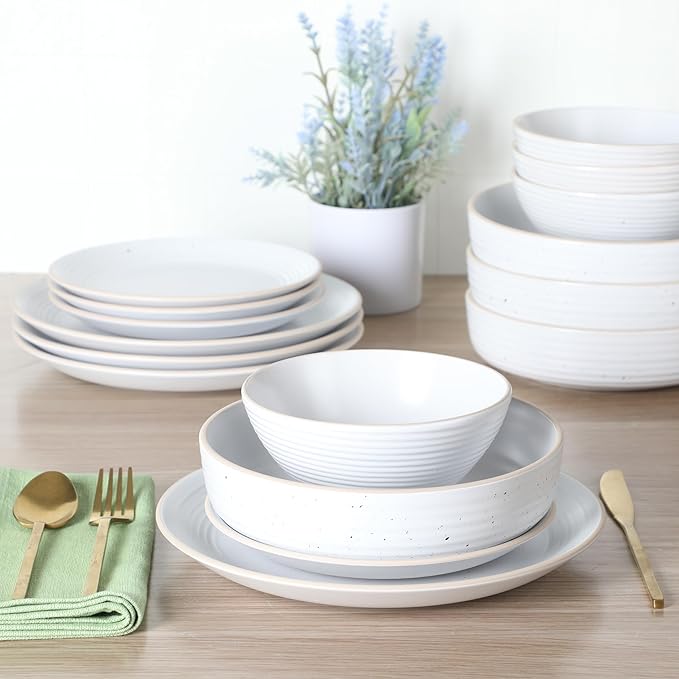 Gibson Home Dinah 16 Piece Double Bowl Stoneware Embossed Speckled Dinnerware Set - Matte White