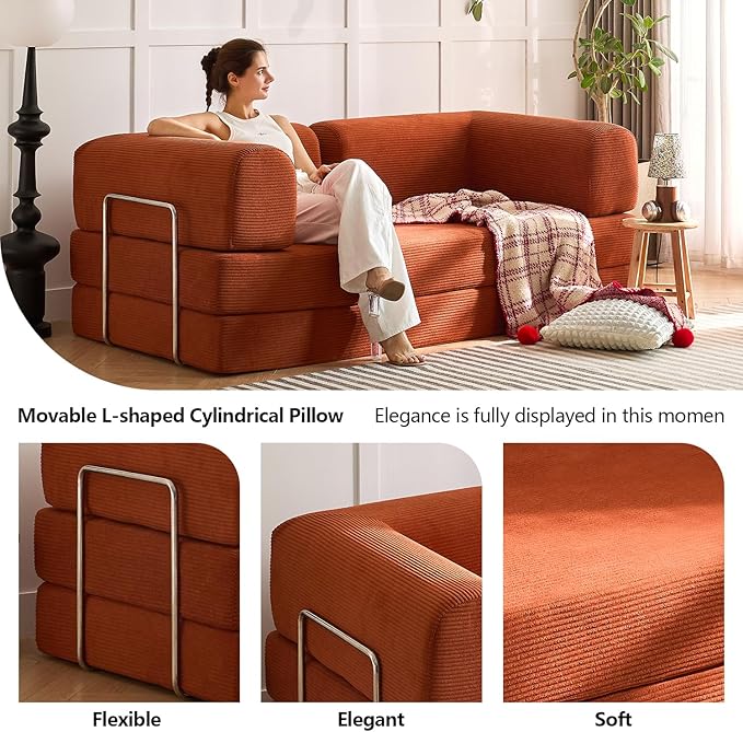 Modern Convertible Lounge Chair, Corduroy Fabric, Square Platform Design with Metal Frame, Floor Sofa Bed with Fixed-Shape Frame,Living Room Seating with Armrest (Orange, 2-Seater Sofa)