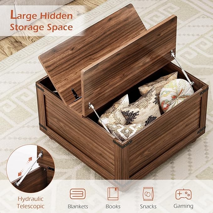 Farmhouse Coffee Table with Storage, Large Square Coffee Table with Wood Gourd Feet and Hydraulic Gas Rod for Living Room, Walnut