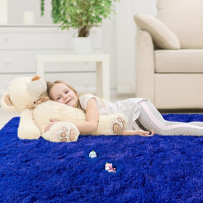 9x12 Area Rugs for Living Room, Blue Fluffy Shaggy Rug Soft Carpets, Big Rugs for Bedroom Nursery Kids Room Dorm Home Decor Aesthetic, Navy Blue