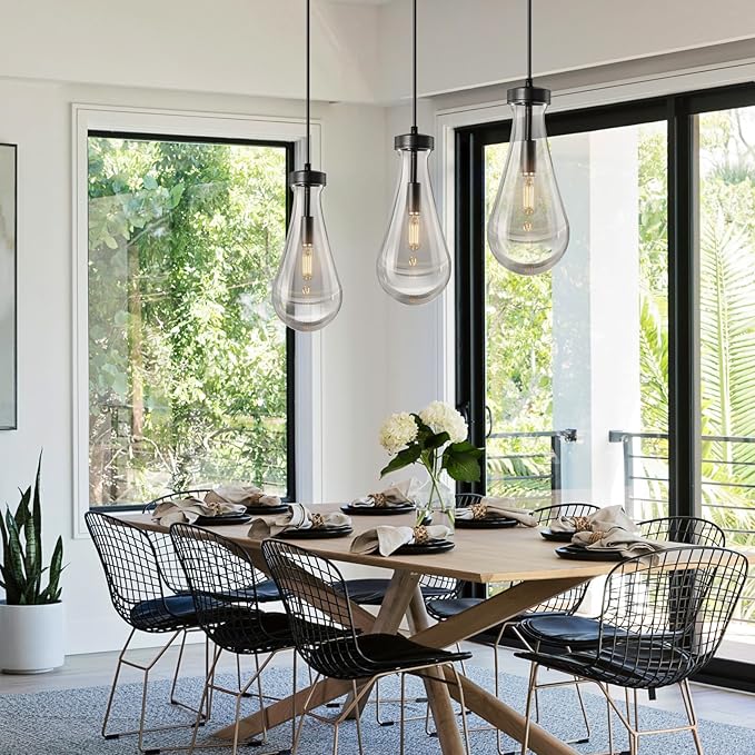 Raindrop Pendant Lights Kitchen Island Set of 2 Teardrop Black Hanging Light Fixtures Clear Solid Glass Pendant Light Modern Chandeliers for Dining Room Porch Corridor Living Room…