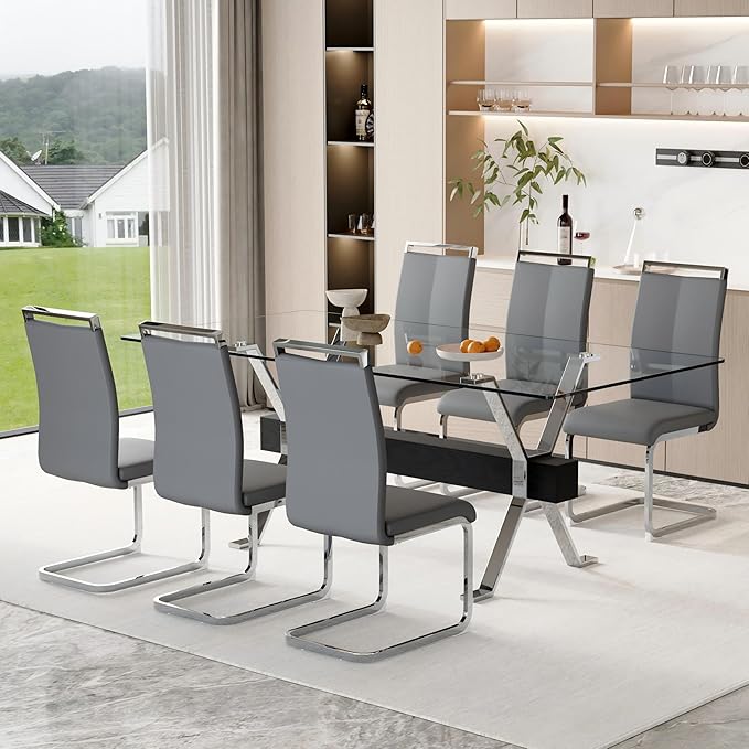 7 Piece Glass Dining Table Set, 79" Modern Dining Table Set for 6, 0.5" Thick Tempered Glass Tabletop with Silver Chrome Metal Legs and Black Crossbar, 6 PU Chairs for Dining Room, Kitchen