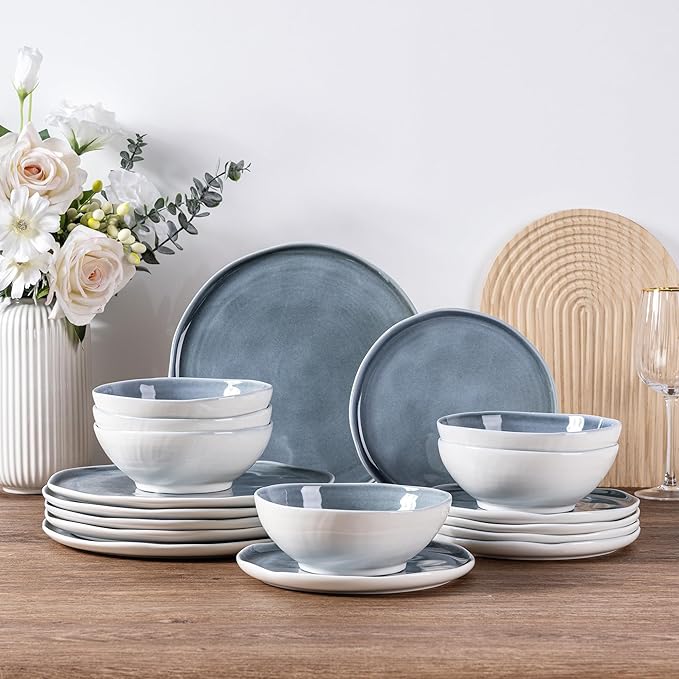 LERATIO Ceramic Dinnerware Sets for 6,Plates and Bowls Sets with Wavy Edge,Microwave & Dishwasher & Oven Safe,Light Weight & Scratch Resistant Dishes Sets-Service for 6 (18pcs)-Light Jean Blue