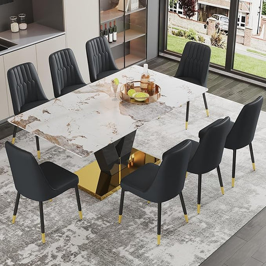 71'' Dining Table Set for 8,Marble Dining Table Set,Modern Kitchen Table with 8 PU Leather Chairs,Gold Dining Room Table Set with V-Shaped Black Glossy Pillars,Ideal for Kitchen Dining Room