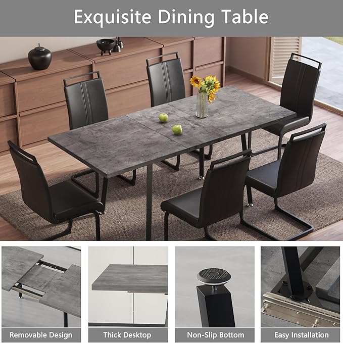 7 Piece Dining Table Set for 6-8,55-71" Extendable Dining Table Set with 6 Upholstered Chairs,Rectangle Kitchen Table Set for Small Space,Dining Room and Office,Grey