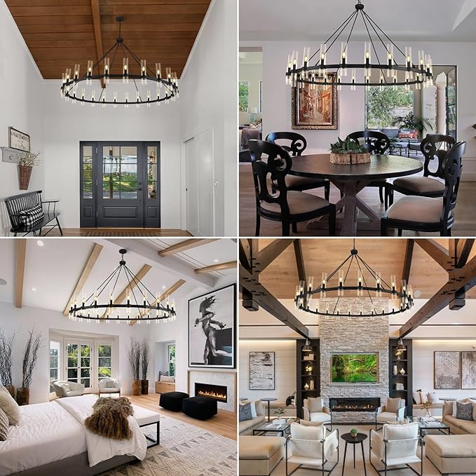 Black Wagon Wheel Chandelier, 70 Inch Glass Chandeliers, 24 Light Chandelier for High Ceiling, Modern Farmhouse Chandeliers for Living Room, Dining Room, Entryway, Stairwell(Bulbs Included)