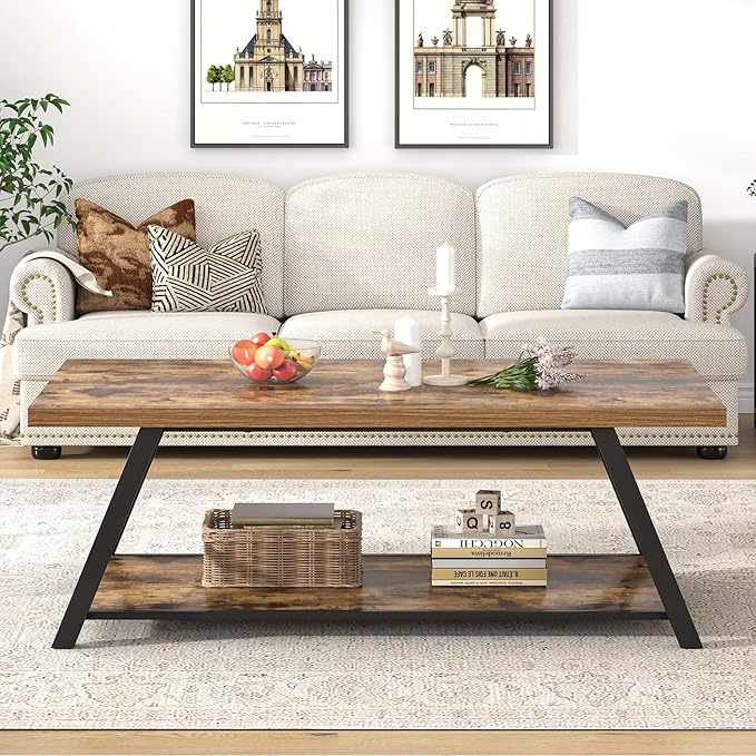 EXCEFUR Modern Coffee Table, Wood and Metal Living Room Center Table with Storage Shelf, Industrial Rectangle Cocktail Tea Table, Rustic Brown, 47 Inch