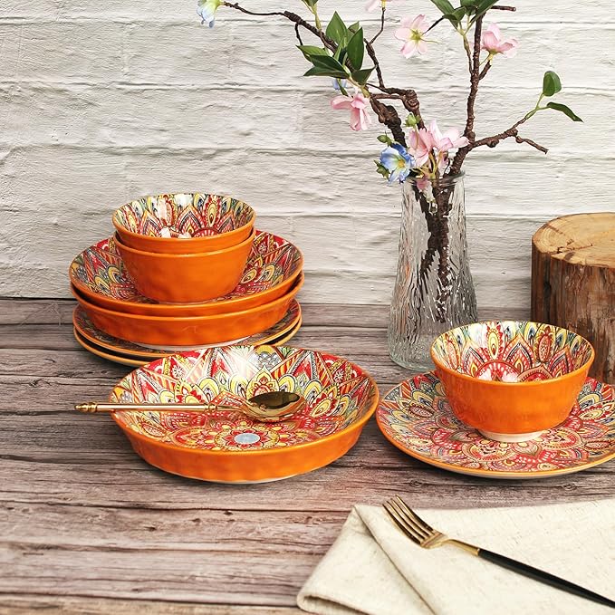 YA JU Mandala Dinnerware Sets (12 Pcs) Serves 4, Buffet Dinnerware, Boho Plates and Bowls Dish Set with 8" salad Plate 10" dinner Plate 4.8" bowl, apply Casual dining Indoor Outdoor Dining Part