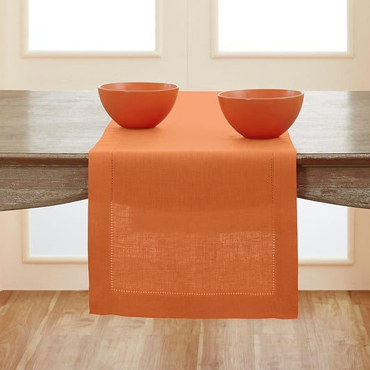 Solino Home Linen Pumpkin Table Runner 72 Inches Long - 100% Pure Linen Hemstitch Table Runner 14 x 72 Inch for Dresser, Dining, Fall, Autumn, Halloween, Thanksgiving, Holiday - Classic Hemstitch
