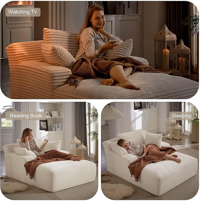 GNIXUU Oversized Chaise Lounge Chair Indoor, Comfy Corduroy Boneless Couch Reading Chair with 3 Pillows, Plush Memory Foam Sleeper Chair Lounge Sofa Bed for Living Room, Beige, No Assembly Required