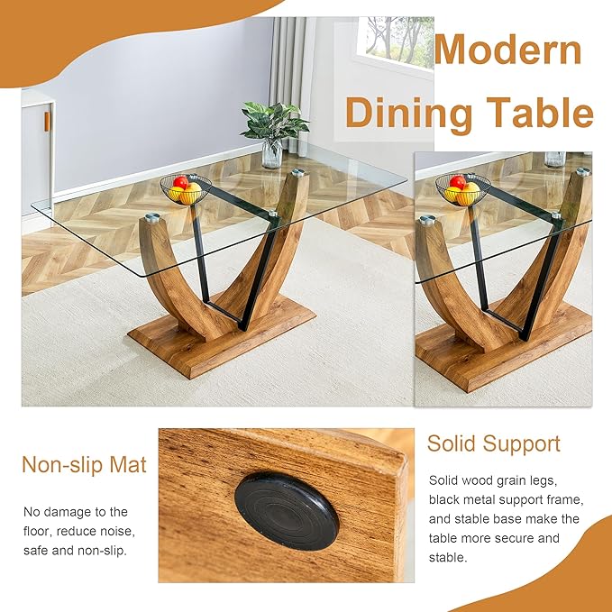 Glass Dining Table Set for 6,Modern Kitchen Table with 6 Chairs, Tempered Glass Table with Suede Leather Dining Chairs,71” Dining Room Table Set for Dining Room and Kitchen