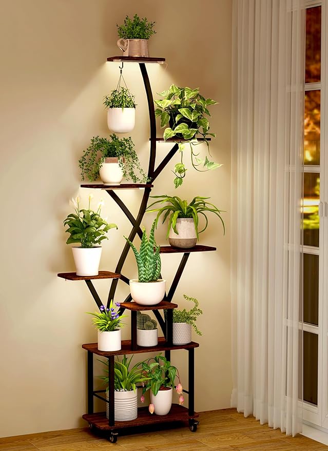 Plant Stand Indoor with Grow Lights 64" Tall Plant Shelf with Wheel Lighted Corner Plant Stands for Indoor Growing Multiple Metal 8 Tiered Large Flower Holder Plant Rack for Home Patio Balcony
