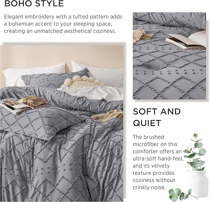 Bedsure Twin Comforter Set - Grey Comforter, Boho Tufted Shabby Chic Bedding for Kids, 2 Pieces Vintage Farmhouse Bed Set for All Seasons, Fluffy Soft Bedding with 1 Pillow Sham