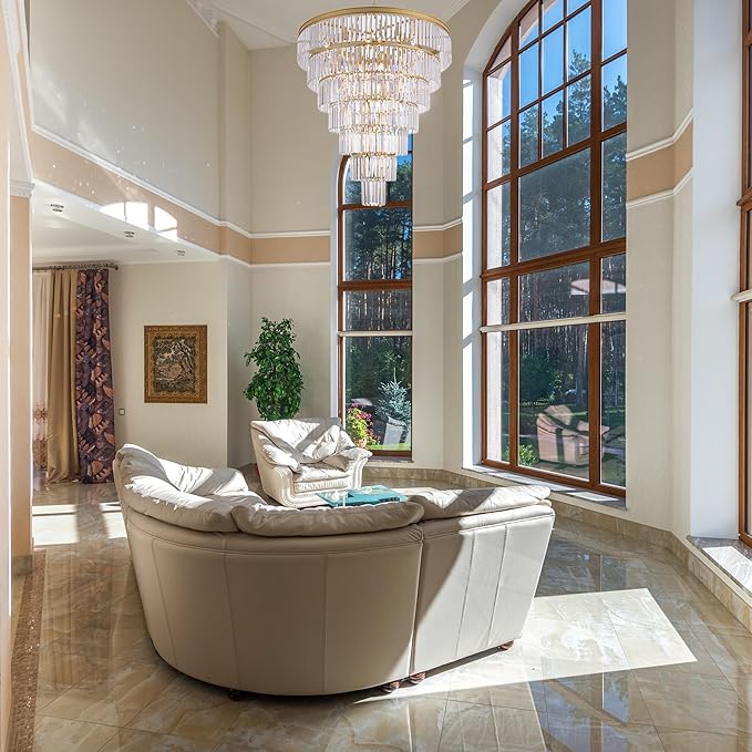 TOCHIC Large Crystal Chandelier for High Ceiling, 40-inch 7-Tier Modern Gold Crystal Chandeliers Lighting Fixture, Raindrop K9 Round Light for Entryway Staircase Foyer Living Bedroom Dining Room