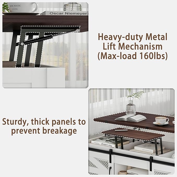 47.2" Lift Top Coffee Table, 4 in 1 Farmhouse Coffee Table with Storage and Sliding Barn Doors, Coffee Tables for Living Room & Dining Room (Milky White)