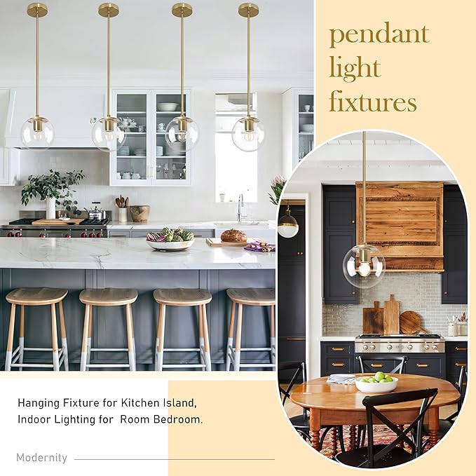 6 Inch Globe Pendant Light Gold Mid Century Pendant Light Contemporary Globe Pendant Lights Kitchen Island Clear Glass with Brass Finish Adjustable Hanging Light Fixture for Kitchen Island