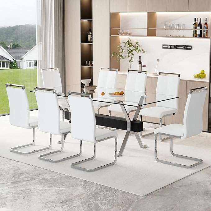 9 Piece Glass Dining Table Set, 79" Modern Dining Table Set for 8, 0.5" Thick Tempered Glass Tabletop with Silver Chrome Metal Legs and Black Crossbar, 8 PU Chairs for Dining Room, Kitchen