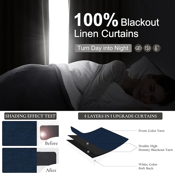 Navy Blue Blackout Curtains 90 Inch Length for Kids/Boys Rooms/Bedroom, Pinch Pleated Drapes with Hooks Viral Linen Thermal Coastal Curtain Dark Blue Window Burg (40" Wx90 Lx 2 Panels)