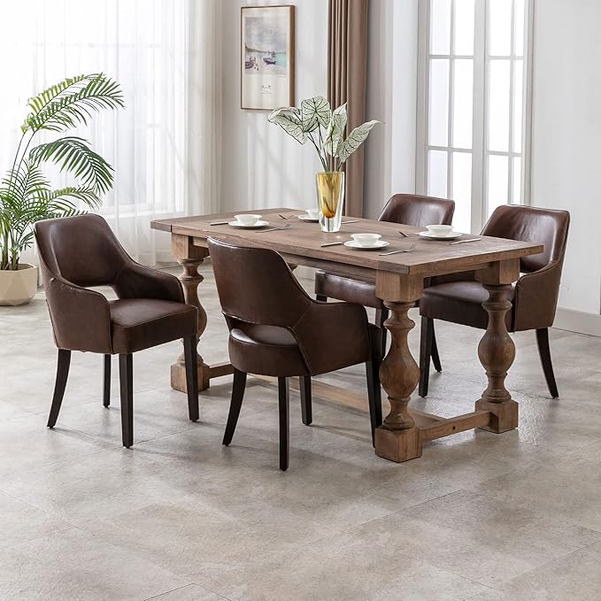 PU Leather Dining Chairs Set of 4 Upholstered Farmhouse Kitchen Chair Side Chairs Wood Accent Chair for Living Room/Dining Room/Bedroom/Restaurant, Brown