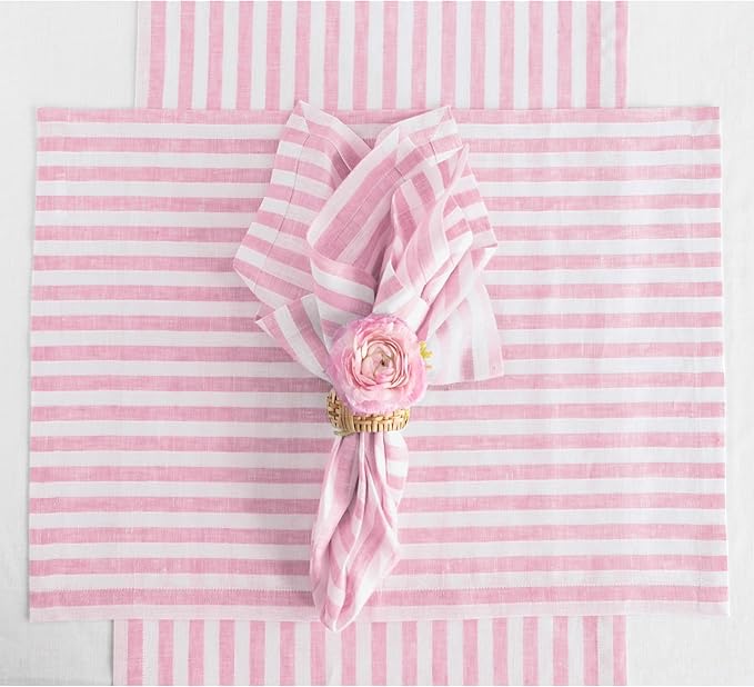 Solino Home Linen Placemats Set of 4 - Amalfi Stripe Cherry Blossom and White Placemats 14 x 19 Inch - 100% Pure Linen Place Mats