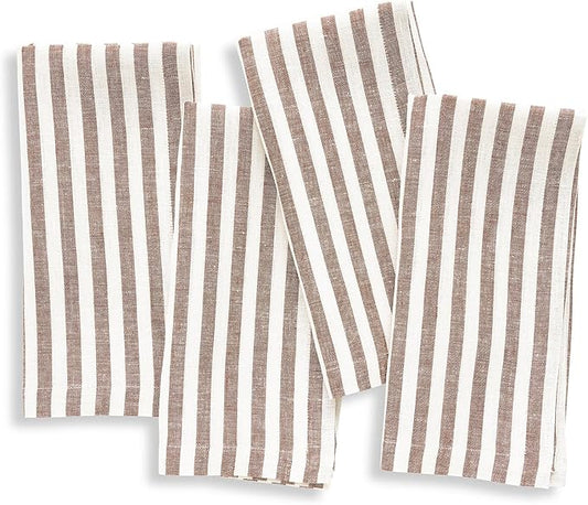 Solino Home Linen Cloth Napkins Set of 4-100% Pure Linen Brown and Cream Striped Dinner Napkins 20 x 20 Inch for Fall, Autumn, Thanksgiving - Amalfi Stripe, Handcrafted and Machine Washable