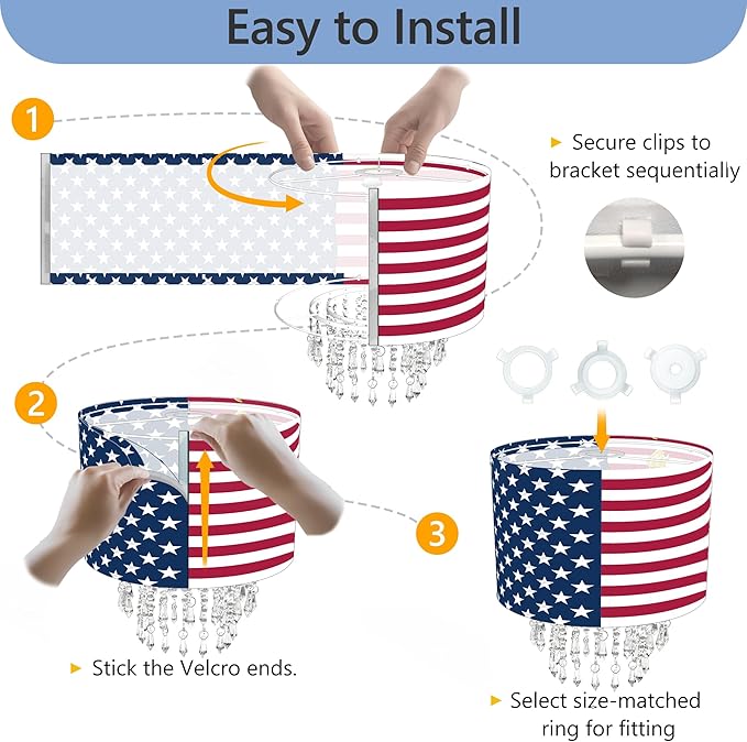 Star Vision Patriotic Fabric Lampshade with Beaded Droplets, American Flag & Statue of Liberty Design Light Shade for Pendant, Table, Wall & Floor Lamps, 4th of July Decor, Vintage Americana Lighting