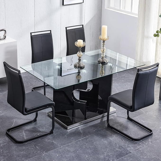 Glass Dining Room Table Set for 4,Dining Table Set for 4 with PU Leather Chairs,Retangular Dining Table with MDF Table Legs and Sliver Base for Dining Room