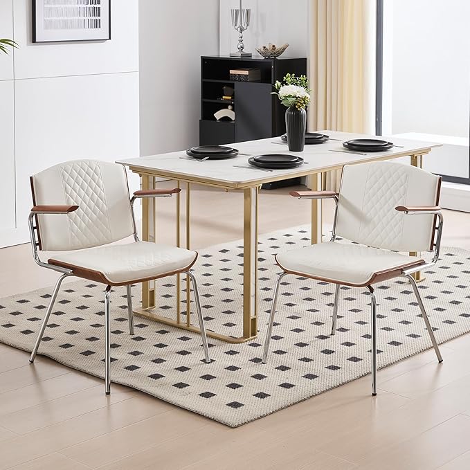 Dining Chairs Set of 2, Mid-Century Modern PU Leather Upholstered Chairs with Walnut Bentwood Backrest and Silver Metal Legs for Kitchen Dining Room Home Office,
