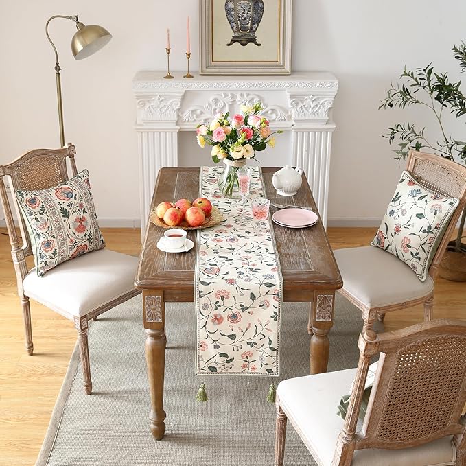 ISAENNE Designer Chinoiserie Elegant Linen Floral Table Runner 102 Inches Long,White Wrinkle Resistant Table Runners for Dining Tables,Thanksgiving,Kitchen Tables,Christmas,12"*102"-Daffy A
