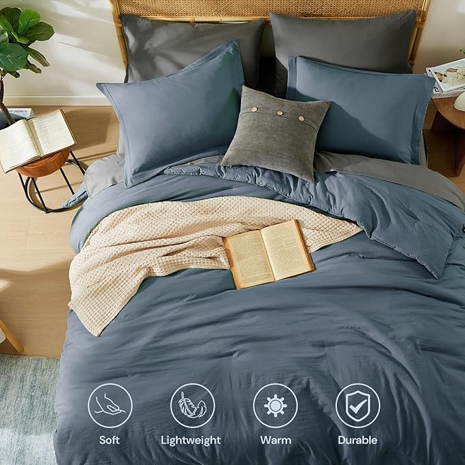 WRENSONGE King Size Comforter Set- 7 Pieces Blue Grey Bed in a Bag King with Fitted Sheet, Flat Sheet, 2 Pillow Shams, and 2 Pillowcases-Warm King Bedding Set for All Season