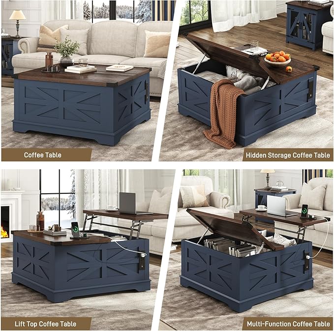 36" Farmhouse Movable Lift Top Coffee Table with Storage and Power Outlets, Square Wood Living Room Tables with Wheels&Large Hidden Space, Lift Wooden Barn Door Center Table, Blue
