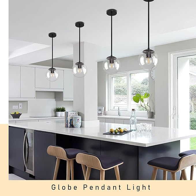 6 Inch Globe Pendant Light Black Mid Century Pendant Light Clear Glass Pendant Lights Kitchen Island Mid Century Adjustable Hanging Farmhouse Pendant Lights Fixtures for Kitchen Island