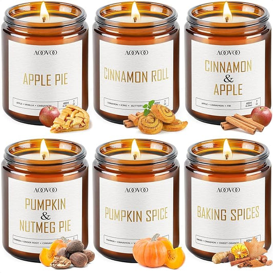 AOOVOO Fall Candles - 6 PC Scented Candle, 42 oz Soy Candles, Soy Candle for Home Scented, Apple Pie/Cinnamon Roll/Cinnamon Apple/Pumpkin Nutmeg Pie/Pumpkin Spice/Baking Spice