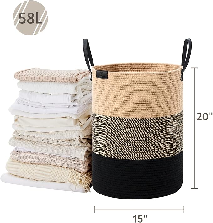 VIPOSCO Tall Laundry Basket, Large Dirty Clothes Hamper with Leather Handle, Woven Rope Storage Basket for Blanket, Toy In Living Room, Bathroom, Bedroom - 58L Brown & Black