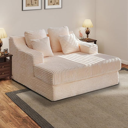 Chaise Lounge Sofa Chair Indoor Cozy Sofa Bed Oversized with Four Pillow Fluffy Upholstered Sleeper Sofa Chair for Living Room Bedroom Office Liesure No Assembly Required（Beige）
