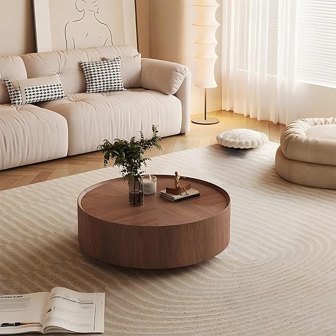 35.4'' Modern Round Coffee Table for Living Room, Fully Assembled Solid Wood Drum Center Table with Hidden Drawers Pefect for Small Space,Apartment No Assembly Elegant Walnut Finish