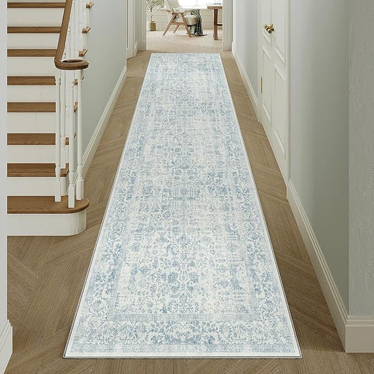 Blue Runner Rug 3x12 Hallway Machine Washable Kitchen Vintage Distressed Non Slip Long Carpet Indoor Retro Floral Bedroom Accent Throw Rug for Bathroom Office Laundry Dining Room