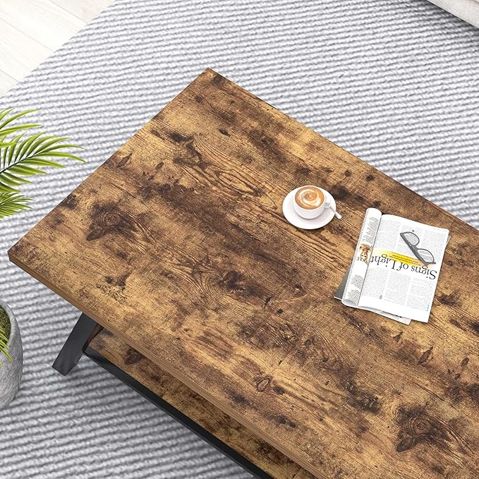 EXCEFUR Modern Coffee Table, Wood and Metal Living Room Center Table with Storage Shelf, Industrial Rectangle Cocktail Tea Table, Rustic Brown, 47 Inch