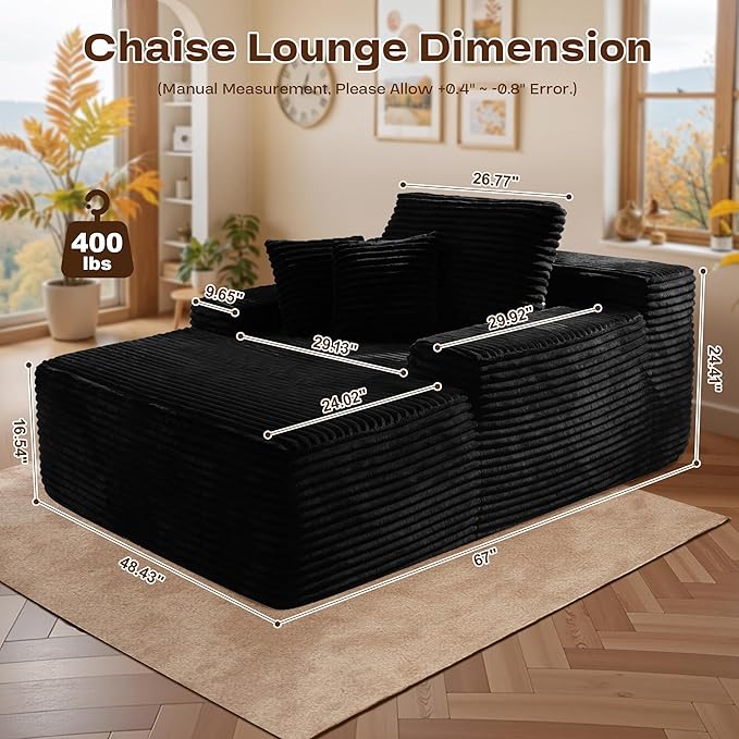 Chaise Lounge Chair Indoor, Oversized Sleeping Couch 67" L * 48.5" W Assembly Free Modern Minimalist Sofa, Extra Deep Large Single Seat Sofa for Living Room (Black Plush Fabric)