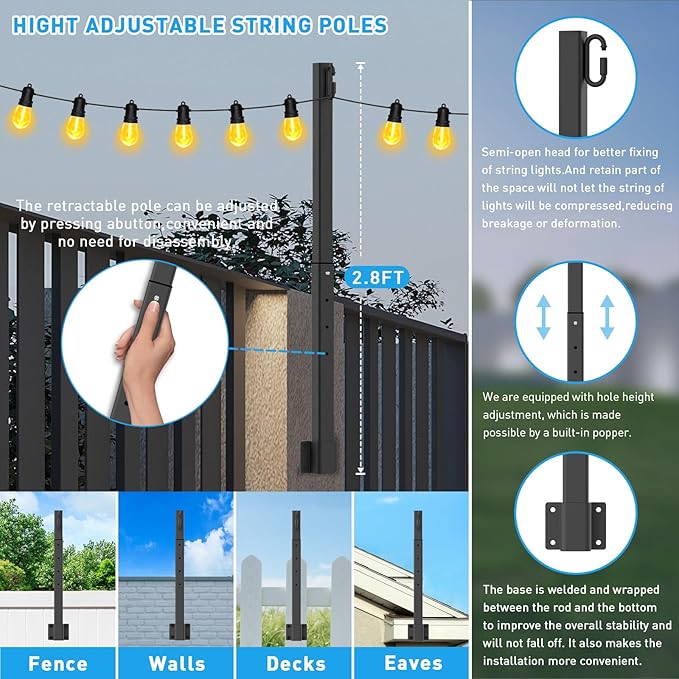 8 Pack 2.8Ft String Light Poles,Light Poles for Outside Lights,Outdoor with Fence Brackets Hanging Lights,Metal Stand Deck Patio Backyard