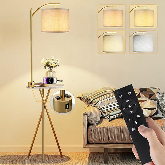 ROTTOGOON Floor Lamp with Table, End Table Lamp with Remote Control and Charging Station(USB & Type-C & AC Port), 4 Color Temperatures, Floor Lamps for Living Room, Bedroom and Home Office,Gold