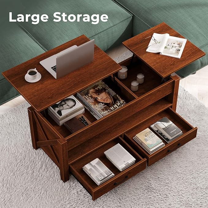 Seventable Coffee Table, 47.2" Lift Top Coffee Table with 2 Storage Drawers and Hidden Compartment, Farmhouse Center Table with Wooden Lift Tabletop, for Living Room,Espresso