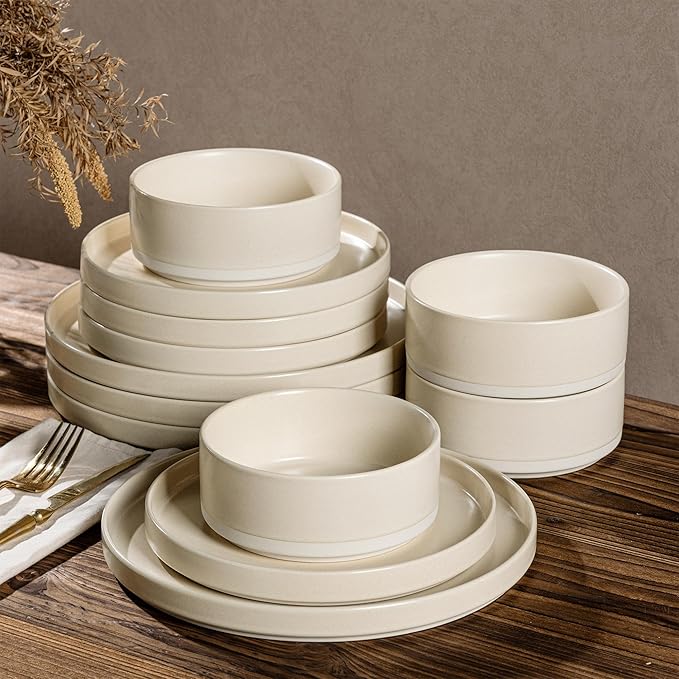 TheTerra Ceramic Dinnerware Sets for 4, 12 Pieces Handmade Reactive Glaze Plates and Bowls Set, Scratch Resistant Dish Set, Oven & Microwave & Dishwasher Safe, Matte White