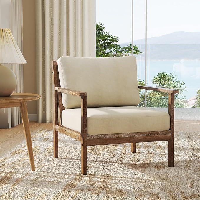 Giantex Mid Century Modern Accent Chair Set of 2, Wooden Arm Chair w/Solid Wood Frame, Removable Seat Cushion & Pillow, Vintage Comfy Reading Chair for Living Room, Bedroom, Study