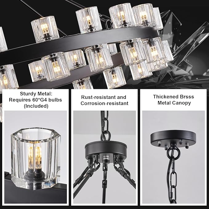 60 Inch Black Wagon Wheel Chandelier with Crystal Shade, 60 Lights, Modern Farmhouse Style, Ideal for Dining Room, Kitchen, Entryways