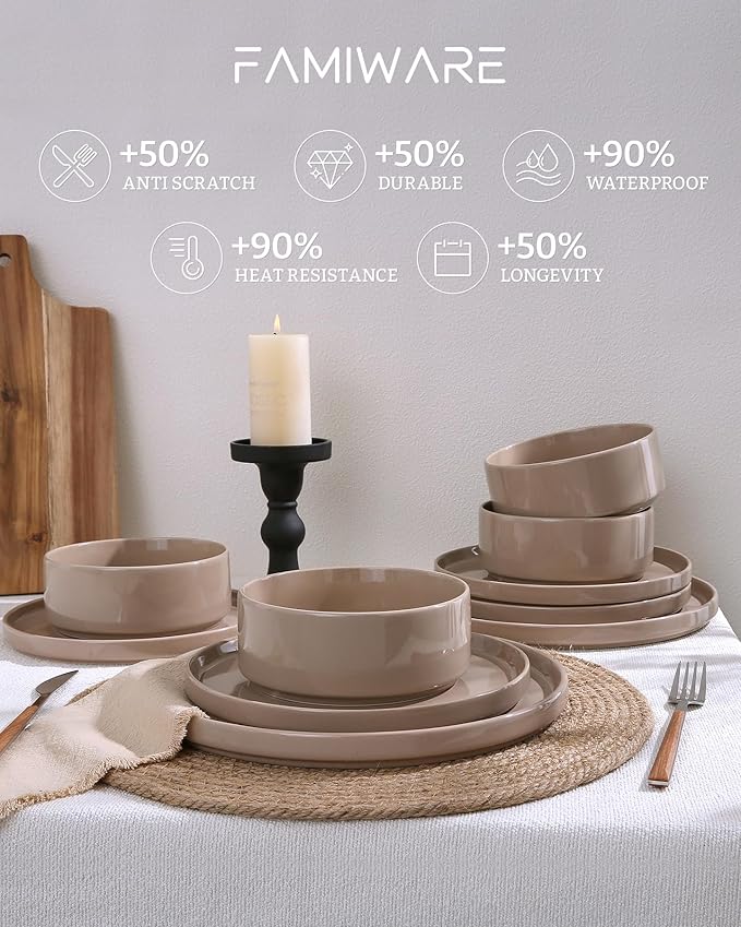 Famiware Nebula Plates and Bowls Set, 12 Pieces Dinnerware Sets, Dishes Set for 4, Cinnamon Brown