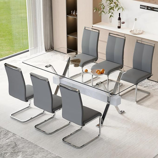 7 Piece Glass Dining Table Set, 79" Modern Dining Table Set for 6, 0.5" Thick Tempered Glass Tabletop with Silver Chrome Metal Legs and Grey Crossbar, 6 PU Chairs for Dining Room, Kitchen