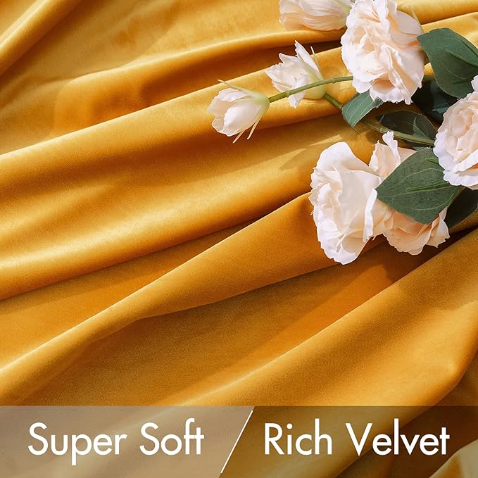 MIULEE Velvet Curtains 63 inch Length 2 Panels - Luxury Blackout Curtains for Bedroom Living Room Thermal Insulated Fall Decor Super Soft Window Drapes Rod Pocket & Back Tab, Mustard Yellow